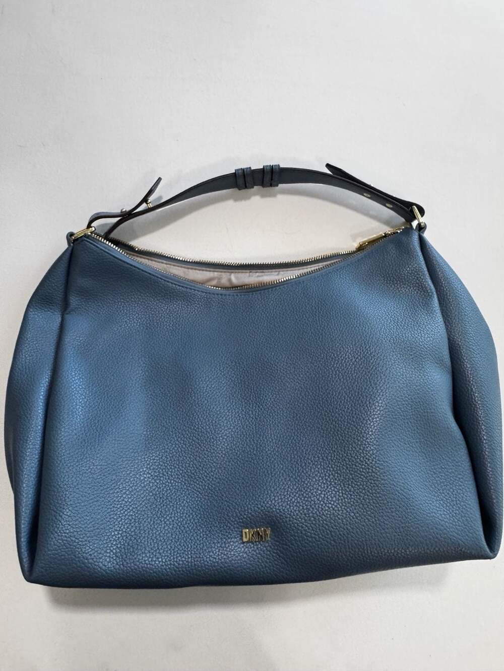 DKNY Pebbled Leather Shoulder Bag in Blue with Gold-Tone Hardware